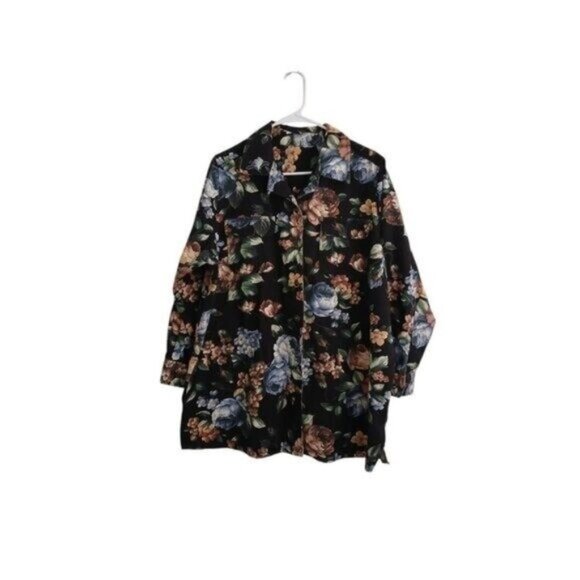 Women's L Black Floral Shacket Midweight Button Down dark Romance Boho Grunge - Picture 1 of 8